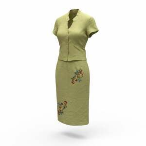 Vtg Plaza South Petite Linen Blend Skirt Suit Olive Green Floral Embroidery 10P